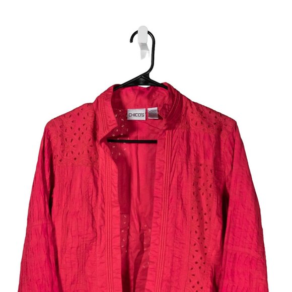 Chico's Women's Jacket Pink Embroidered Open Front Textured Eyelet Lined 0 S/4 - Picture 4 of 9